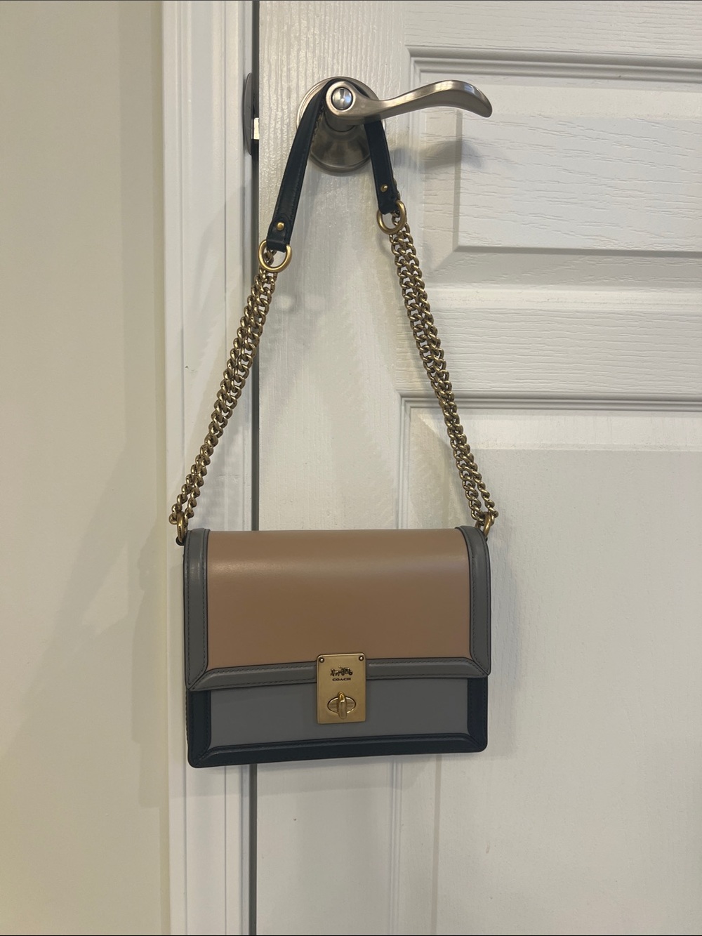 Coach Two-Tone Leather Chain Shoulder Bag in Tan & Gray